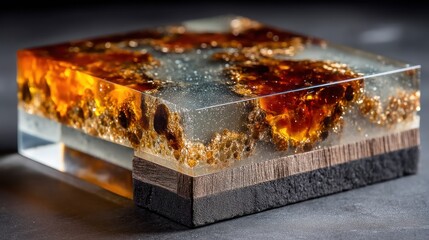 Transparent resin block encapsulates textured, amber-toned material layered above contrasting wooden and dark bases