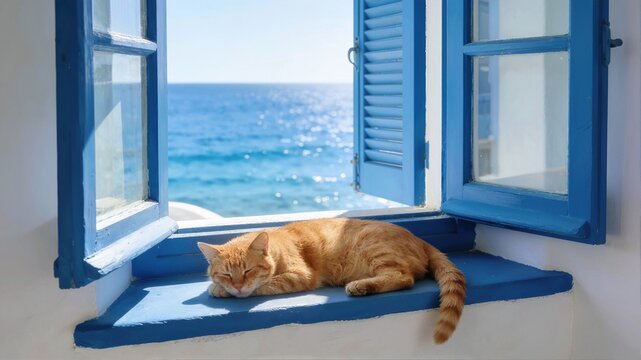 A ginger cat napping on a blue painted windowsill of a Mediterranean house with a stunning view of the bright turquoise sea and sky.