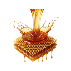 Honey pouring over honeycomb with splash