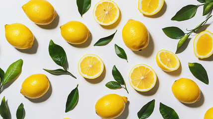 Vibrant yellow lemons and green leaves arranged in a visually appealing pattern. Sliced lemons revealing juicy interiors AI Generative