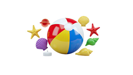 3D Beach Ball and Shells on transparent background