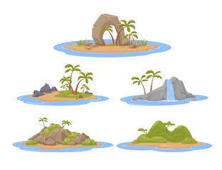 Tropical islands. ocean landscape isolated islands, exotic beaches, seaside beautiful trip. vector cartoon islands collection, set.