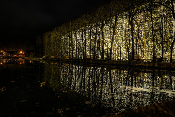 Christmas lights and outdoor decorations in the city park