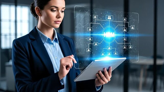 Professional young adult businesswoman interacting with a futuristic holographic Human Resource Management (HRM) system in a modern office environment, using a digital tablet.