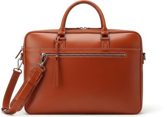 Brown leather briefcase with top handle and strap
