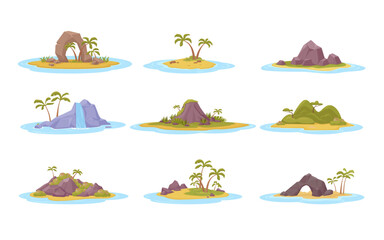 Tropical islands. exotic beaches, ocean landscape isolated islands, seaside beautiful trip. vector cartoon islands collection, set.