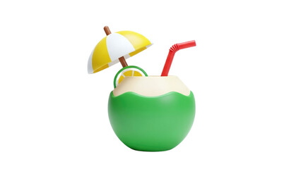 3D Cartoon coconut drink with umbrella and lime slice on transparent background