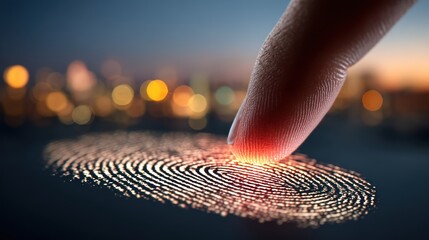 Human fingertip making contact with a luminous biometric scan surface against a city backdrop