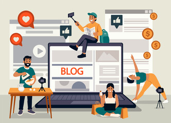 Blogger characters. fitness blog, travel blog, creating video content, male and female characters live stream with followers live stream translation. vector cartoon graphics.