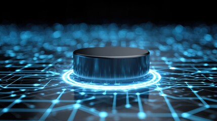 Futuristic black cylinder with glowing blue ring on a digital circuit board background, representing technology or power