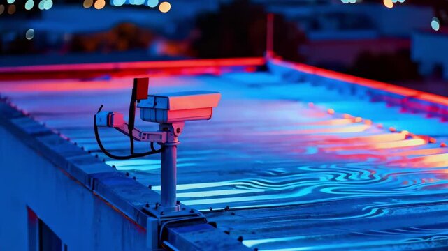 Medium shot of a fixedmount thermal sensor installed on a building continuously monitoring temperature changes on the roof surface with clear thermal fluctuations
