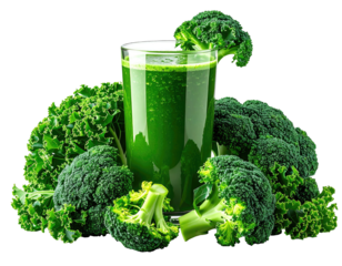 Green smoothie surrounded by fresh broccoli and kale
