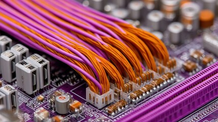 Cluster of brightly colored insulated wires connects into sockets on a printed circuit board assembly