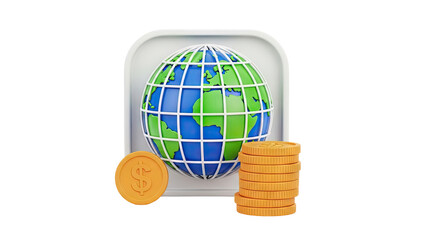 3D Globe with Stack of Gold Coins and Dollar Coin on transparent background