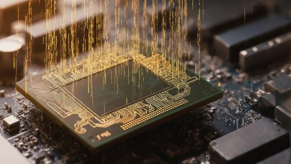 Close-up of a computer chip with glowing data streams representing processing power and advanced technology.