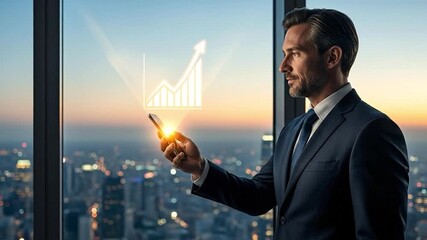 Professional Caucasian businessman analyzing financial growth data on a holographic smartphone projection in a modern high-rise office with a city view at sunset - Powered by Adobe