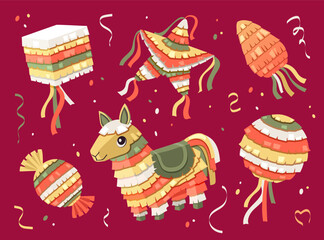 festive pinatas set. paper toys with confetti, candies, holiday celebration childish shapes, traditional party decorations. vector cartoon flat collection.