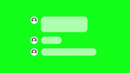 Animated light green chat message bubbles with user icons slide and appear on a bright green screen background simulating a digital mobile messaging application conversation - Powered by Adobe