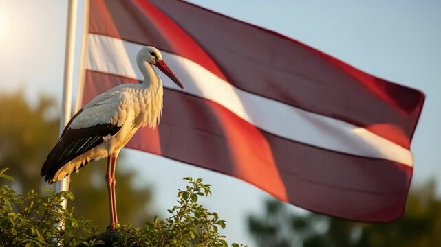 Stork on a Tree with Latvian Flag Background: Symbol of Nature and Cultural Heritage