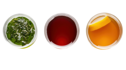 Three Japanese drinks including green tea yuzu juice and barley tea isolated on transparent background