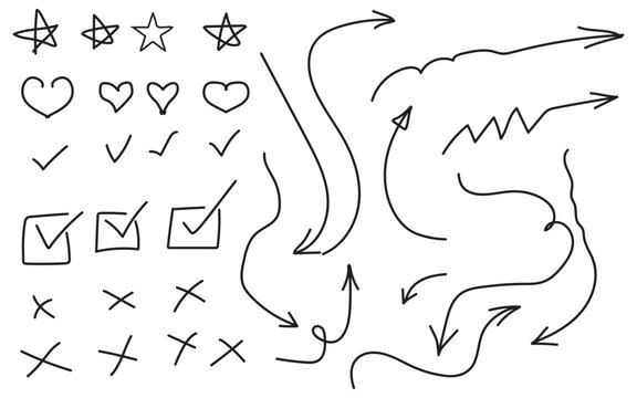 Hand Drawn Doodle Arrows, Speech Bubbles and Cloud Fruits and hearts, stars, Icons Vector Illustration