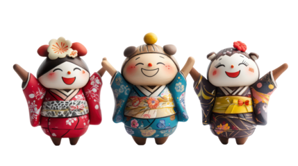 Three Japanese Festival Mascots with Small Traditional Clothing on transparent background