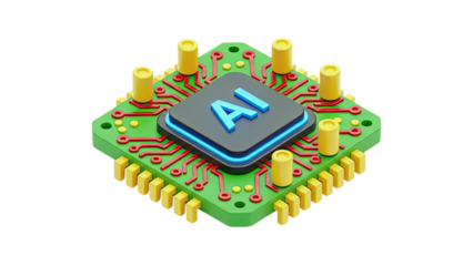 3D AI Chip Circuit Board Concept on transparent background