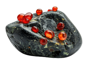Dark rock adorned with shiny, translucent red beads