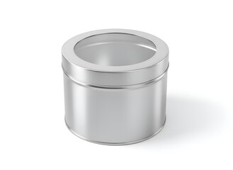 Tin cookie box metal packaging mockup with window lid isolated on white background. Perfect for premium cookie branding and retail packaging design.