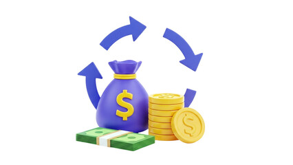 3D Money bag with coins, banknotes and currency exchange arrows on transparent background