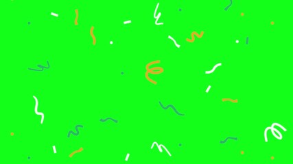 Simple hand drawn style squiggly confetti lines in orange green and white drift across a bright green background to create a playful and festive look