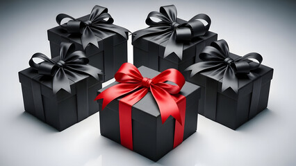 Five black gift boxes with ribbons on a gray background
