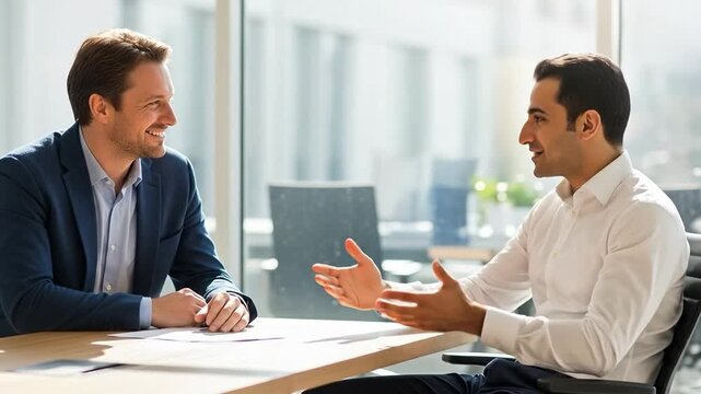 Two smiling professional men in their thirties having a friendly business discussion at a table in a bright modern office.