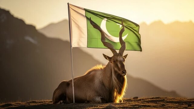 Majestic Animal with National Flag in Dramatic Landscape Setting at Sunset