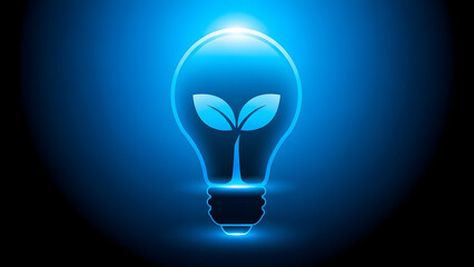 Glowing blue light bulb with leaf inside symbolizing eco friendly ideas and innovation in a dark background