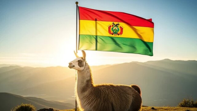 Llama Holding Bolivian Flag on Mountainous Landscape at Sunrise