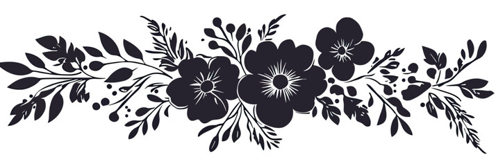 Obraz premium Elegant black silhouette floral border with wildflowers leaves and berry branches decorative vector illustration for design