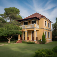 Yellow Mediterranean Villa with Red Tile Roof and Lush Green Lawn vactor house architecture