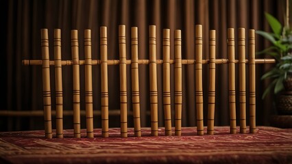 Professional Cinematic Angklung Instrument Display with Warm Lighting and Batik Textile Background