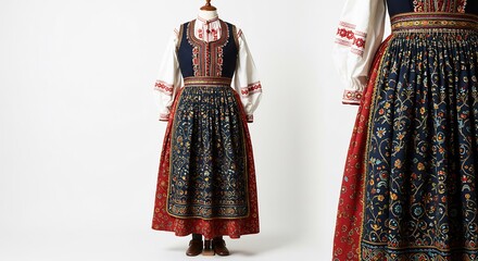 精巧な手刺繍と鮮やかな色彩が美しい伝統的な民族衣装 明るいスタジオで丁寧に撮影され文化遺産の豊かさを伝える. AI Generated