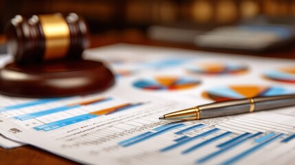 Wooden gavel rests near financial report containing colorful charts and a professional writing instrument