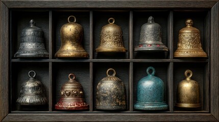 Antique Christmas sleigh bells collection displayed in shadow box,