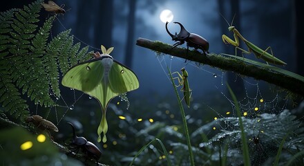 Fireflies and Mushroom in Forest at Night.