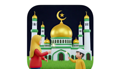 3D Children celebrating with fireworks in front of a mosque on transparent background