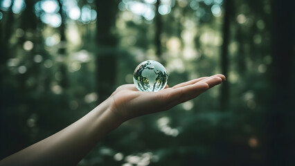A persons hand holding a crystal ball in a forest with sunlight filtering through trees