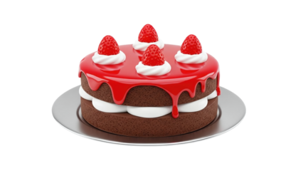 3D Chocolate cake with strawberry and red glaze on a platter on transparent background