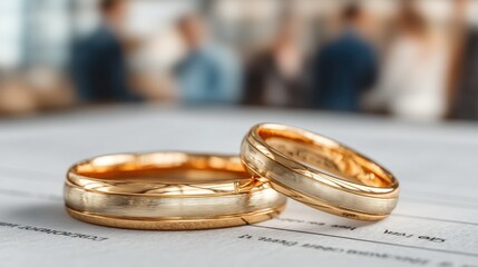 Two gold wedding bands resting on a document with people blurred in the background
