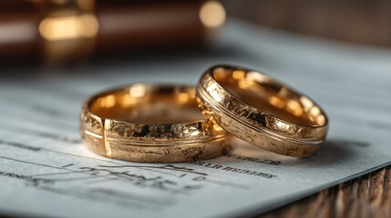 Two textured gold wedding bands rest upon a document with cursive writing
