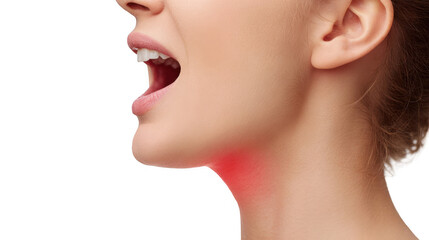 Close up view of a woman experiencing throat inflammation, highlighted in red to emphasize pain and discomfort, set against a transparent background for clarity