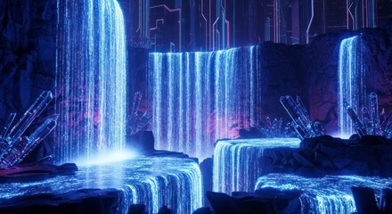 Glowing blue waterfall in darkness.